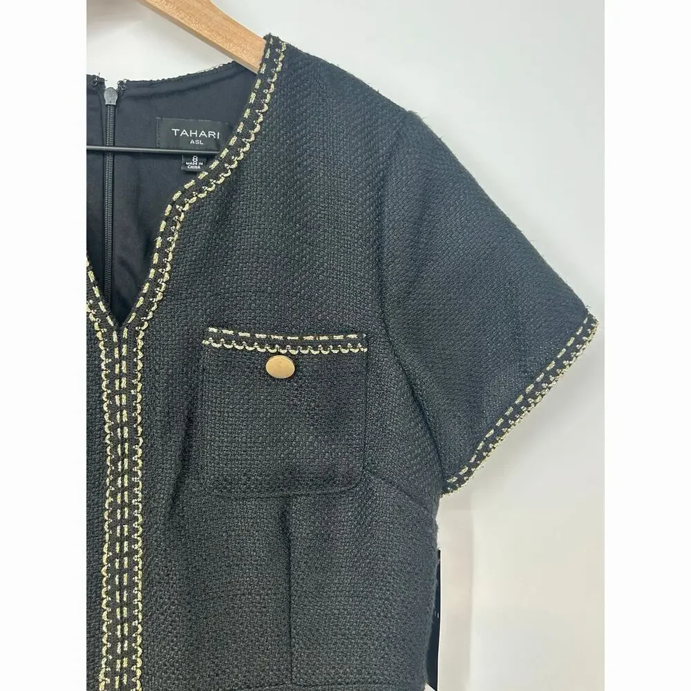 Tahari ASL Black Tweed Gold Detail Size 8 Dress Quiet Luxury Parisian Chic NWT - Picture 4 of 8
